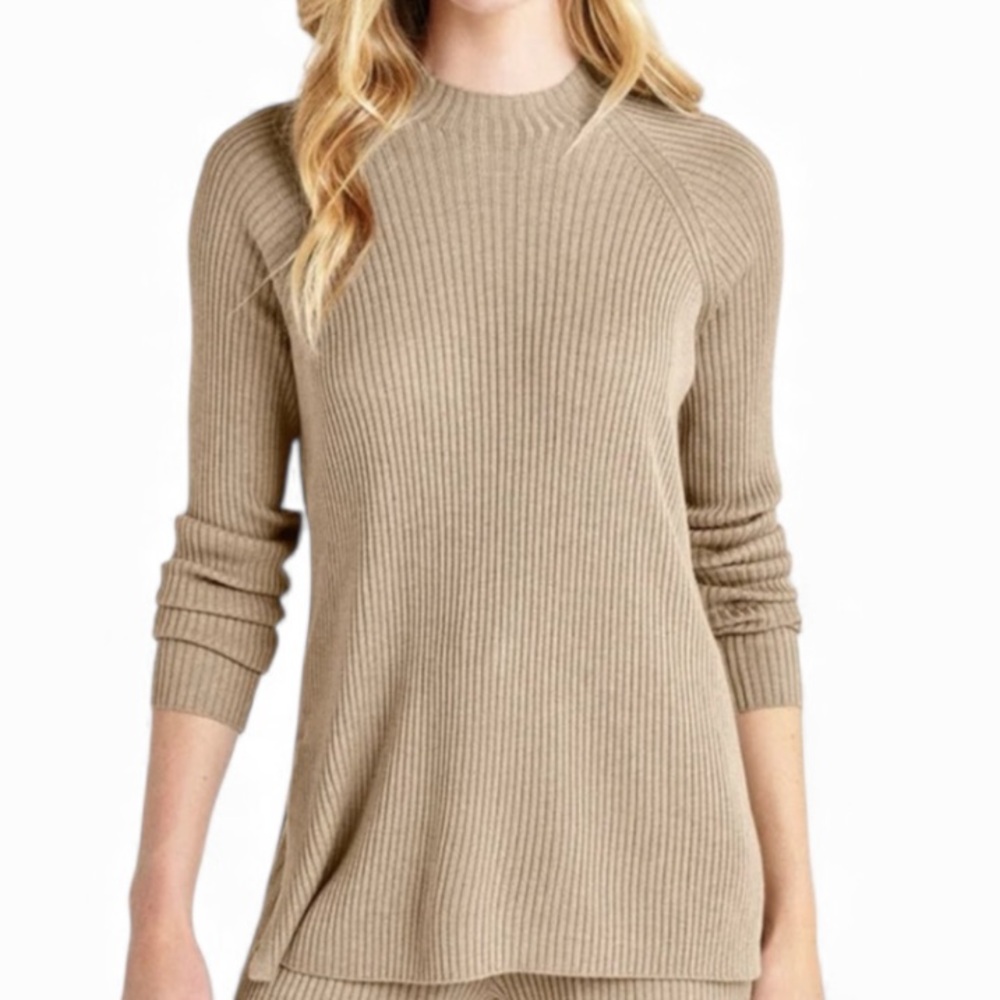 Splendid Long Sleeve Knit Sweater Size Large Ribbed High Neck Tan EUC